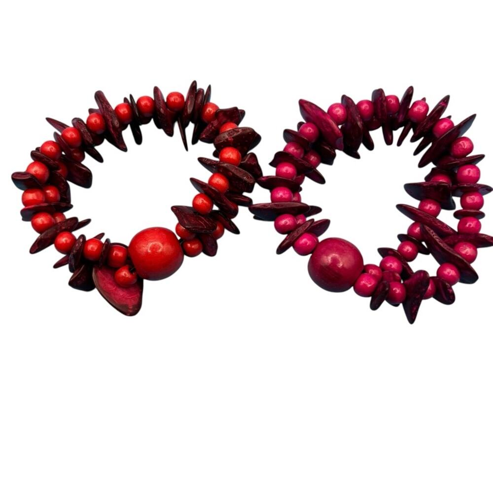 Red and Pink Beaded Tagua‎ Nut Shell Stretch Bracelets